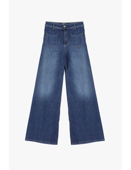 Please Femme jean flare à poches plaquées en denim stretch délavage bleu moyen