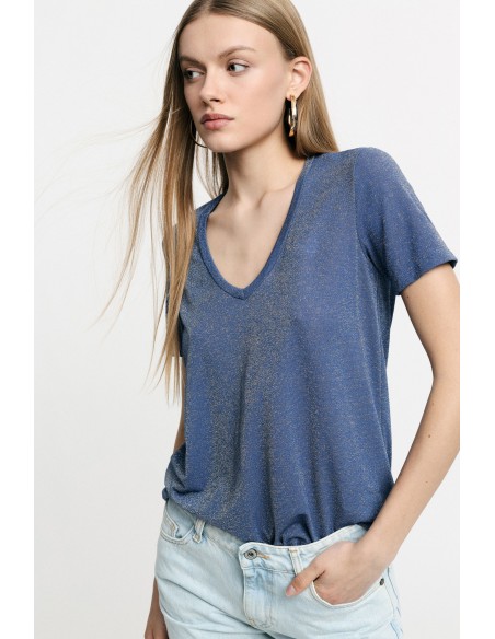 Please Femme – T-shirt col V en viscose et lurex effet glitter