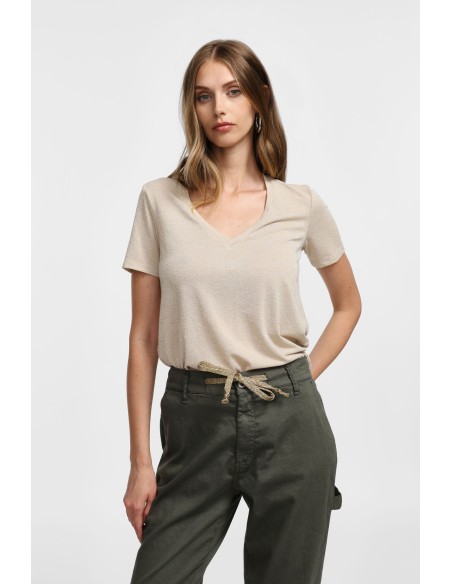 Please Femme – T-shirt col V en viscose et lurex effet glitter