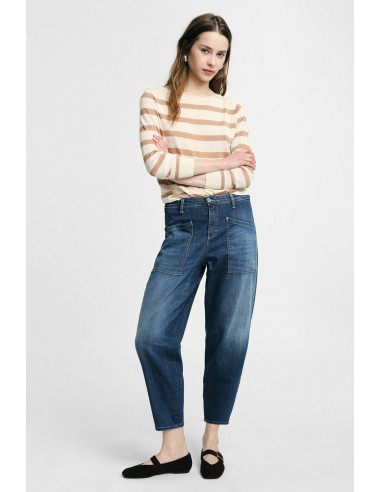 Jean cropped taille haute à grandes poches -...