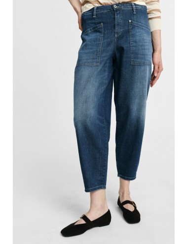 Jean cropped taille haute à grandes poches -...