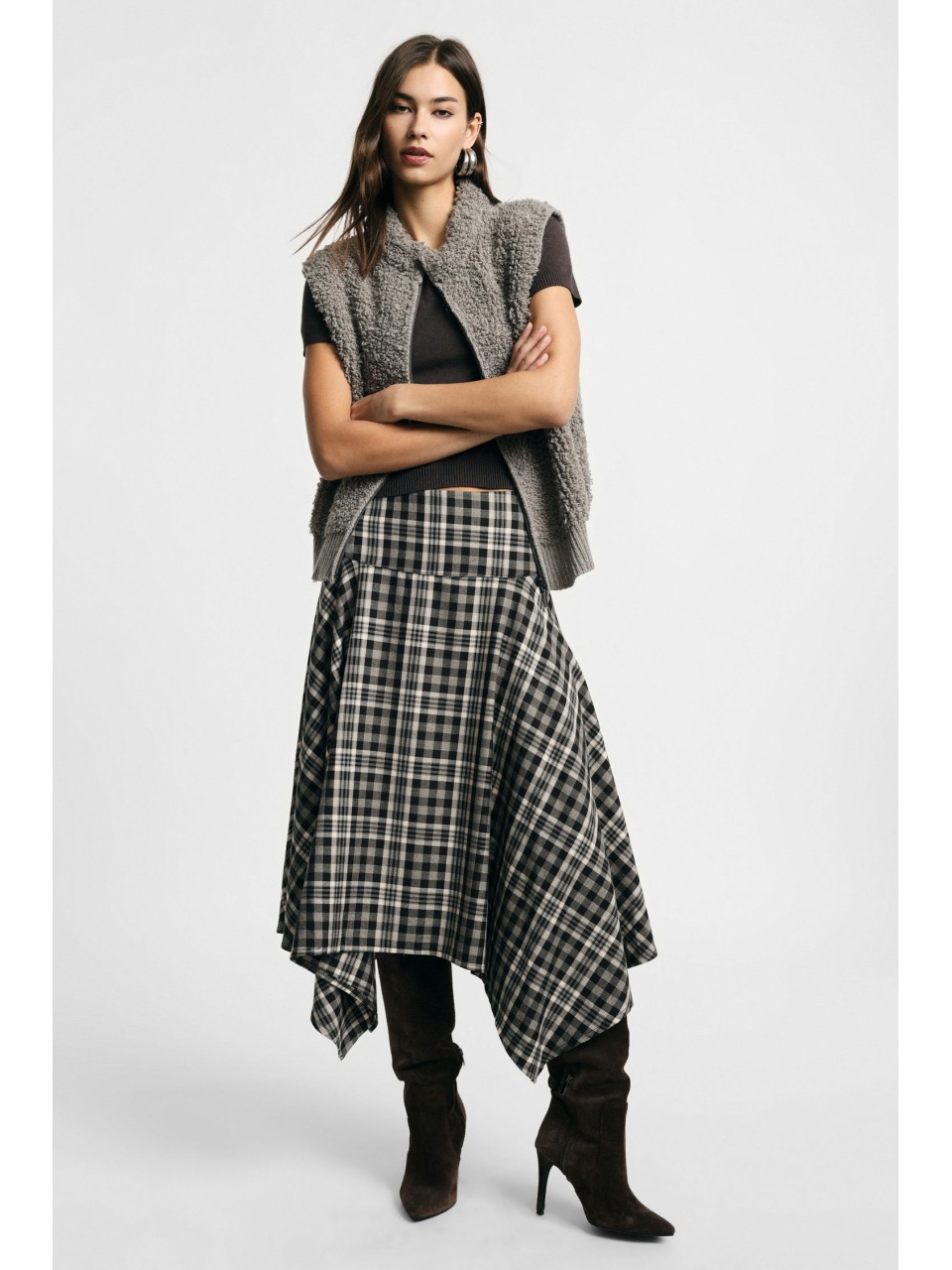 Jupe midi à carreaux à ourlet asymétrique – Please Femme
