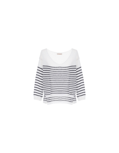Please Femme pull oversized asymetrique en maille de coton melangé coloris blanc a rayures bleues pailletées