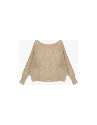 Please Femme Pull cropped a col bateau et manches ajourées en maille lurex coloris or