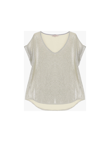 Please Femme tshirt oversized col V en jersey texturé lamé effet glitter coloris argento