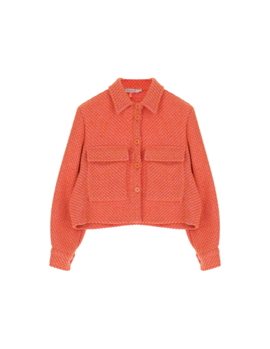 Please Femme veste courte boutonnée en tweed de coton et laine orange et rose