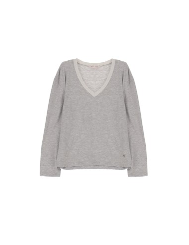 Please Femme tshirt en coton a manches longues et col en V avec bords-côte en jersey et lurex