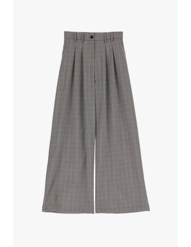 Please Femme pantalon palazzo doubles pinces en drap gris a carreaux argent