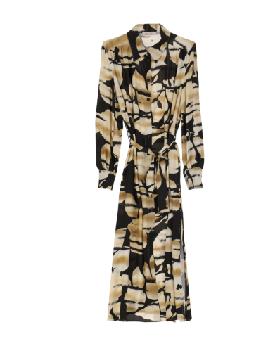 Please Femme robe chemise longueur midi a taille ceinturée en viscose impriméE beige et noire